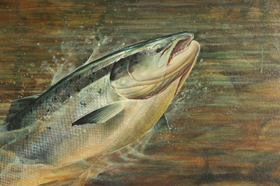 Lot 764 - CHRIS SHARP. AN OIL ON CANVAS ‘LEAPING SALMON’