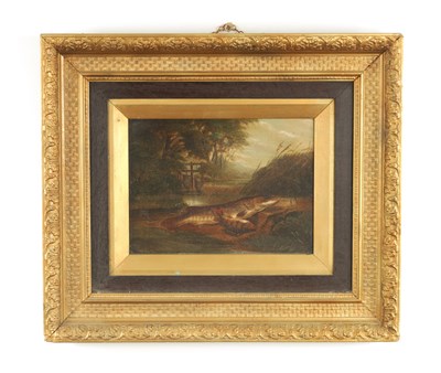 Lot 765 - A 19TH CENTURY OIL ON CANVAS CATCH OF THE DAY ON A RIVER BANK