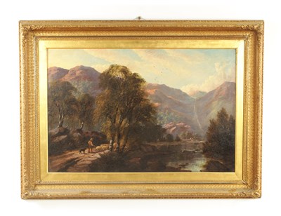 Lot 763 - JOHN JOSEPH HUGHES (1820-1909) A 19TH CENTURY OIL ON CANVAS MOUNTAINOUS RIVER LANDSCAPE WITH SHEPHERD AND DOG