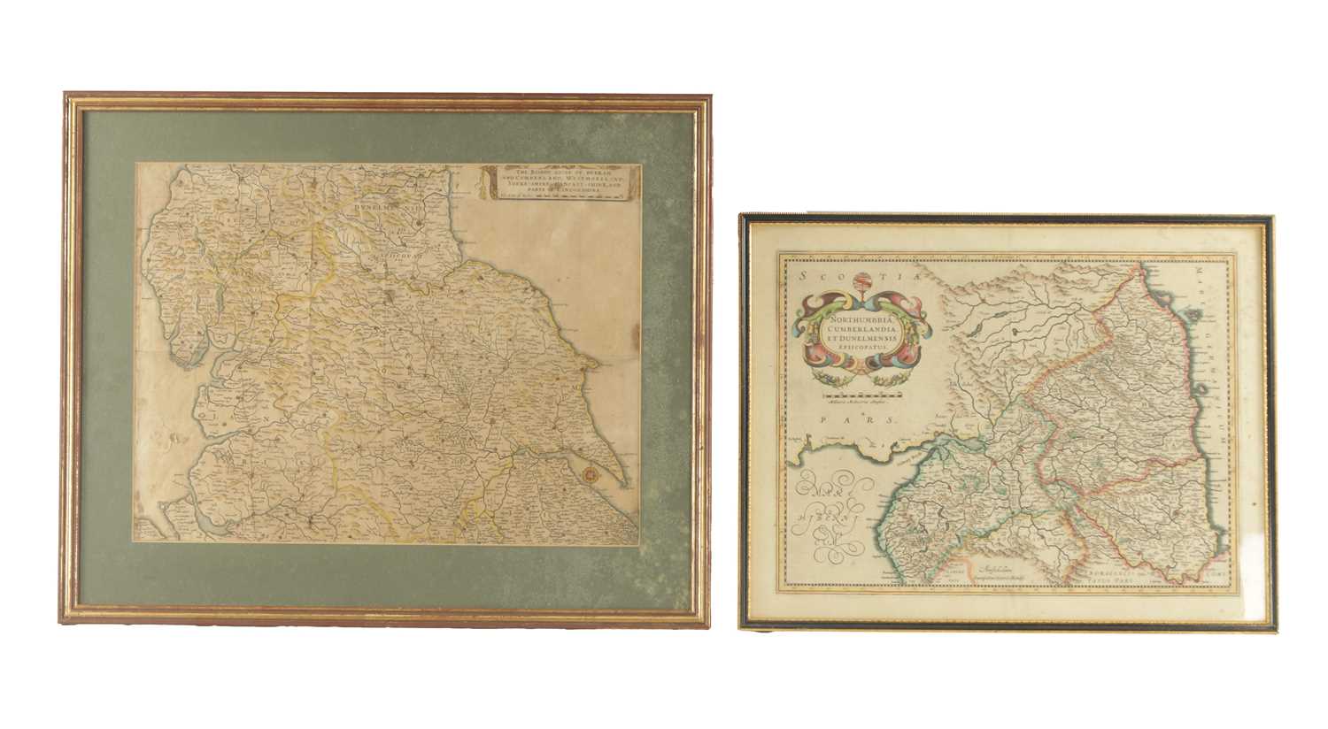 Lot 414 - AN EARLY COLOURED MAP OF NORTHERN ENGLAND TOGETHER WITH A HENRY HONDIUS AMSTERDAM COLOURED MAP OF THE COUNTIES OF NORTHERN ENGLAND