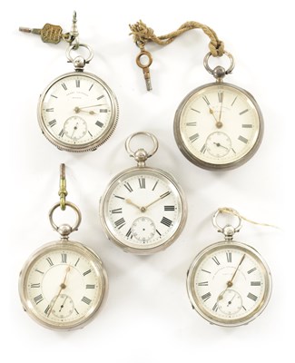 Lot 525 - A COLLECTION OF FIVE ENGLISH OPEN FACED SILVER POCKET WATCHES