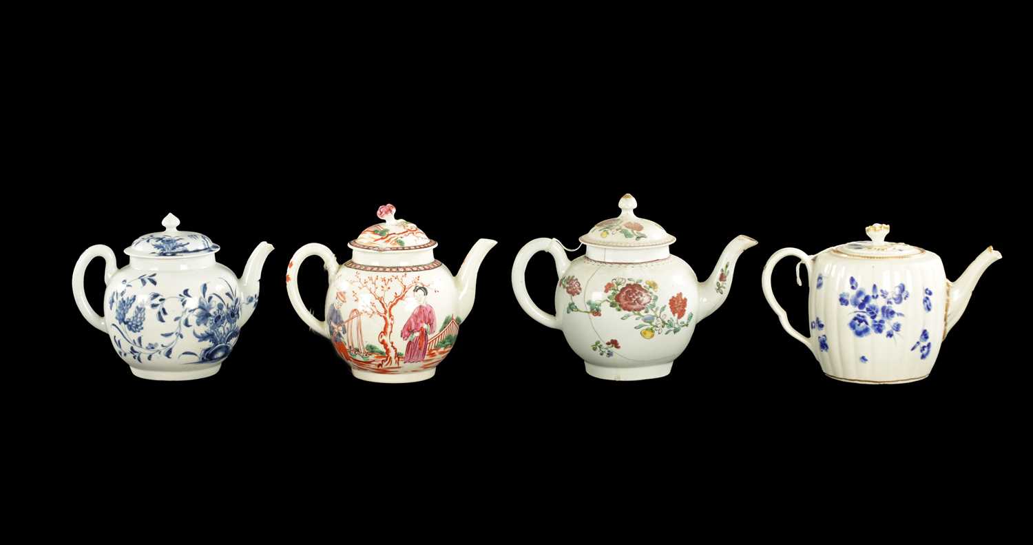 Lot 104 - THREE MID 18TH CENTURY WORCESTER TEAPOTS AND A CHAFFERS LIVERPOOL TEAPOT