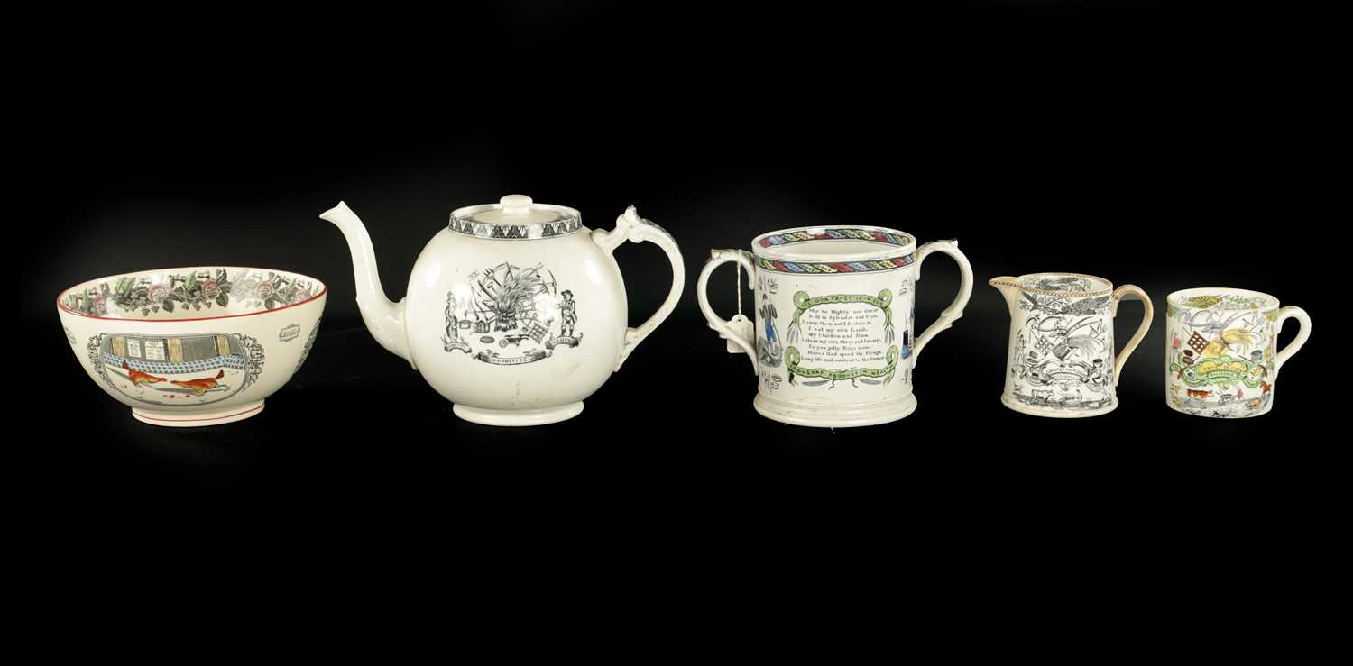 Lot 295 - A COLLECTION OF LATE 19TH CENTURY FOUR ENGLISH POTTERY FARMER'S ARMS AND AN ADAM'S BOWL WITH COCKFIGHTING DESIGN