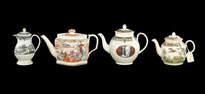 Lot 49 - THREE STAFFORDSHIRE TRANSFER PRINTED PEARLWARE TEAPOTS AND A PEARLWARE JUG AND COVER