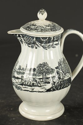 Lot 49 - THREE STAFFORDSHIRE TRANSFER PRINTED PEARLWARE TEAPOTS AND A PEARLWARE JUG AND COVER