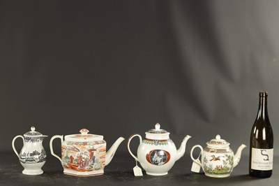 Lot 49 - THREE STAFFORDSHIRE TRANSFER PRINTED PEARLWARE TEAPOTS AND A PEARLWARE JUG AND COVER
