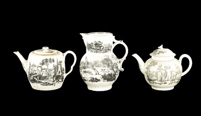 Lot 311 - A MID 18TH CENTURY WORCESTER CABBAGE LEAF MOULDED JUG WITH RARE HANCOCK FOX HUNTING PRINT