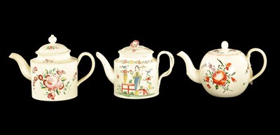 Lot 88 - THREE LATE 18TH CENTURY LEEDS CREAMWARE TEAPOTS WITH POLYCHROME DECORATION