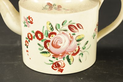 Lot 88 - THREE LATE 18TH CENTURY LEEDS CREAMWARE TEAPOTS WITH POLYCHROME DECORATION
