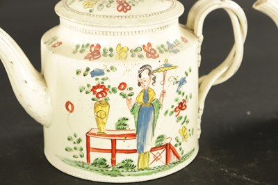 Lot 88 - THREE LATE 18TH CENTURY LEEDS CREAMWARE TEAPOTS WITH POLYCHROME DECORATION
