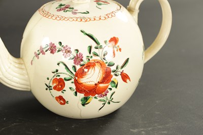 Lot 88 - THREE LATE 18TH CENTURY LEEDS CREAMWARE TEAPOTS WITH POLYCHROME DECORATION