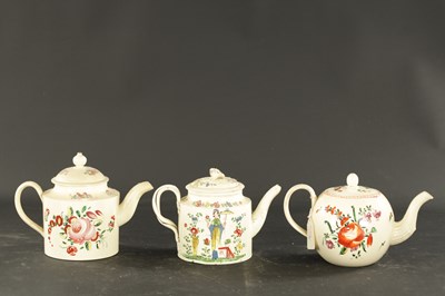 Lot 88 - THREE LATE 18TH CENTURY LEEDS CREAMWARE TEAPOTS WITH POLYCHROME DECORATION