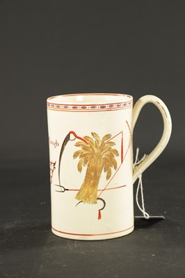 Lot 120 - A LATE 18TH CENTURY LEEDS CREAMWARE MUG 'GOD SPEED THE PLOUGH'