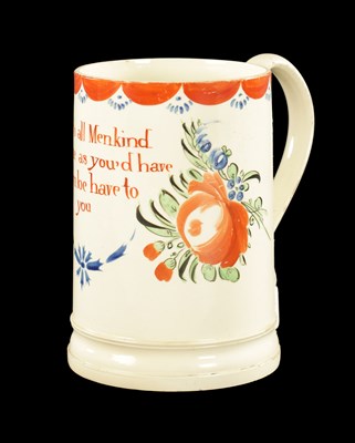 Lot 141 - A LATE 18TH CENTURY LEEDS CREAMWARE MUG 'BE YOU TO ALL MANKIND'