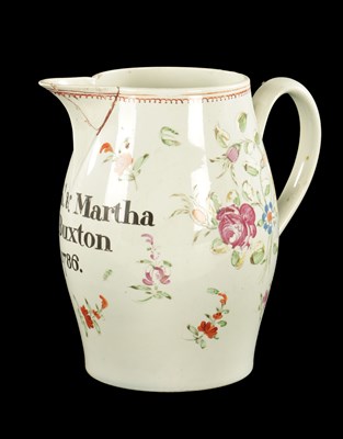 Lot 78 - AN ENGLISH PEARLWARE JUG INSCRIBED ROBERT AND MARTHA BUXTON 1876