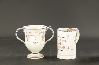 Lot 279 - A YORKSHIRE CREAMWARE MUG INSCRIBED JOHN AND SARAH MITCHELL KIGHLEY 1802