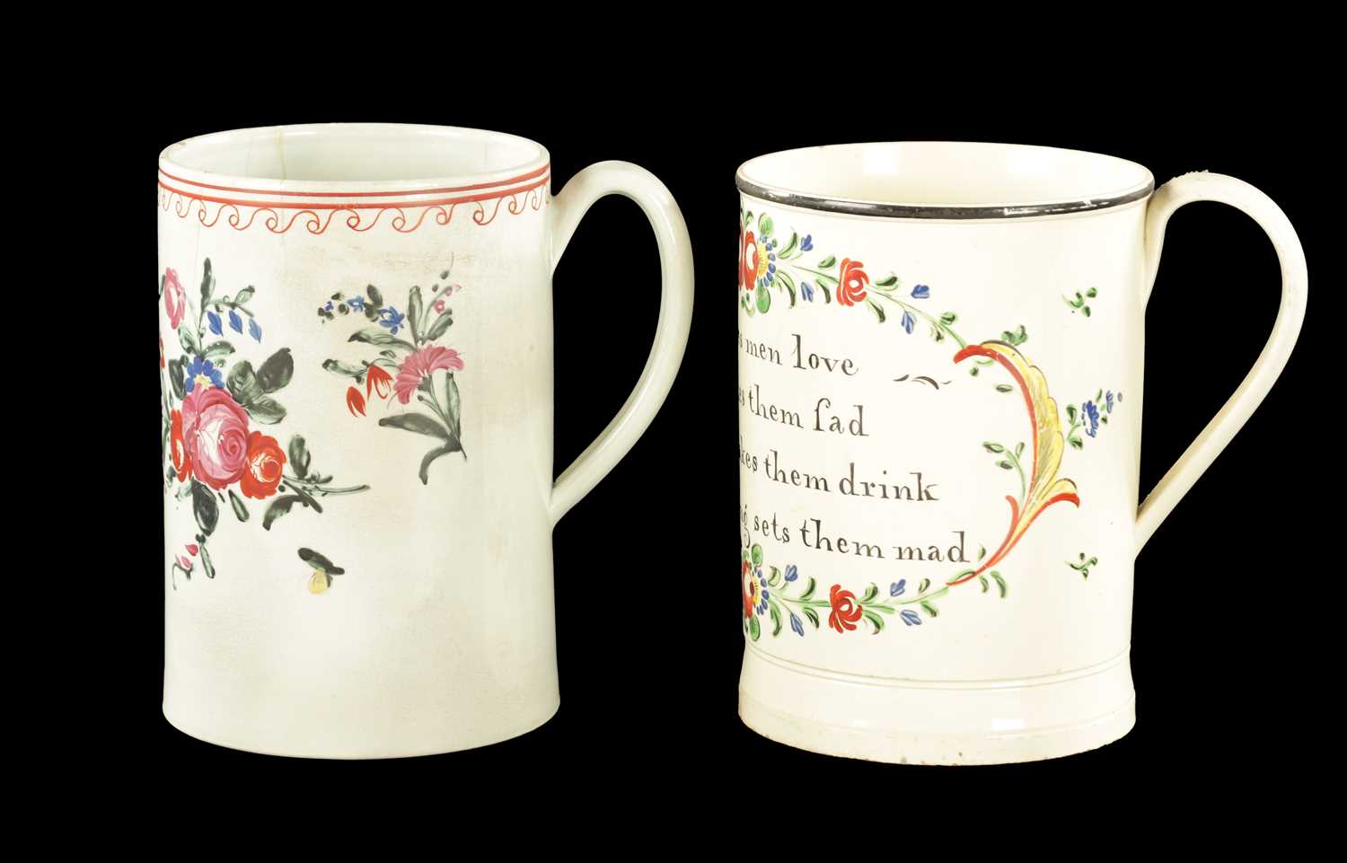 Lot 333 - A LATE 18TH CENTURY CREAMWARE MUG INSCRIBED WOMAN MAKES MEN LOVE