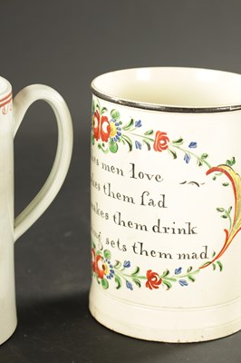 Lot 333 - A LATE 18TH CENTURY CREAMWARE MUG INSCRIBED WOMAN MAKES MEN LOVE