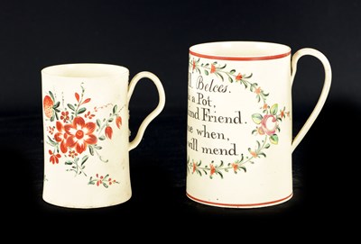 Lot 70 - A YORKSHIRE CREAMWARE MUG WILLIAM KEL BELCES AND ANOTHER PAINTED WITH STRAWBERRIES