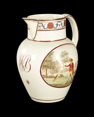 Lot 74 - A LATE 18TH CENTURY ENGLISH PEARLWARE JUG PAINTED WITH HUNTING SCENES INSCRIBED WB