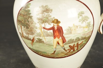 Lot 74 - A LATE 18TH CENTURY ENGLISH PEARLWARE JUG PAINTED WITH HUNTING SCENES INSCRIBED WB