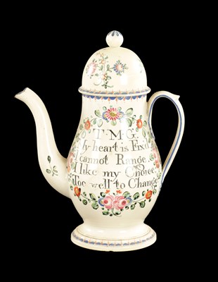 Lot 281 - A LATE 18TH CENTURY ENGLISH PEARLWARE COFFEE POT INSCRIBED WITH A RHYME AND INITIALS TMG