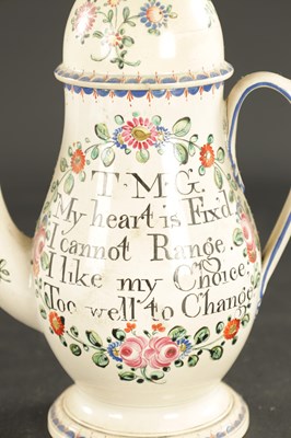 Lot 281 - A LATE 18TH CENTURY ENGLISH PEARLWARE COFFEE POT INSCRIBED WITH A RHYME AND INITIALS TMG