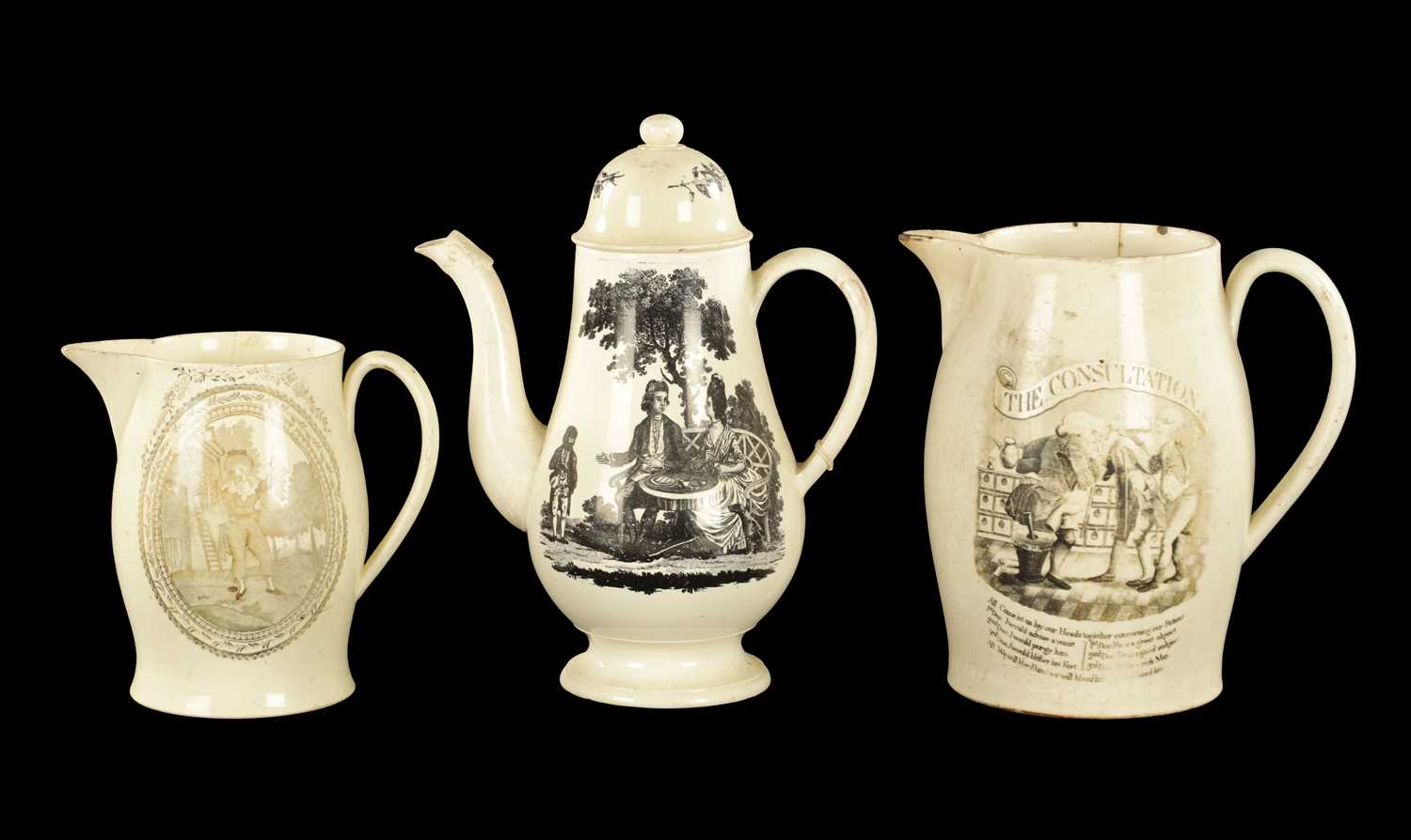 Lot 335 - A LATE 18TH CENTURY ENGLISH CREAMWARE COFFEE POT PRINTED WITH A COUPLE TAKING TEA AND A SHEPERD