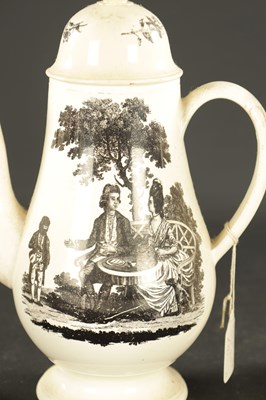 Lot 335 - A LATE 18TH CENTURY ENGLISH CREAMWARE COFFEE POT PRINTED WITH A COUPLE TAKING TEA AND A SHEPERD