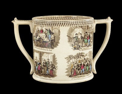 Lot 369 - A LARGE NORTH EAST POTTERIES LOVING CUP PRINTED AND PAINTED WITH DICKENSIAN CHARACTERS