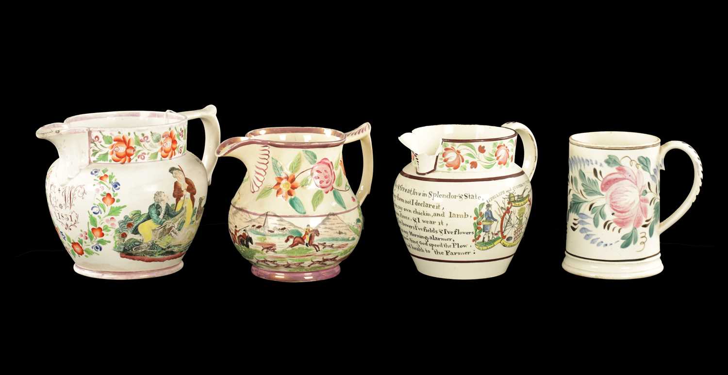 Lot 215 - THREE EARLY 19TH CENTURY ENGLISH POTTERY JUGS AND A MUG