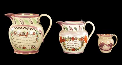 Lot 293 - AN EARLY 19TH CENTURY SUNDERLAND LUSTRE FARMER'S ARMS JUG, A MASON'S ARMS JUG AND A SMALL JUG