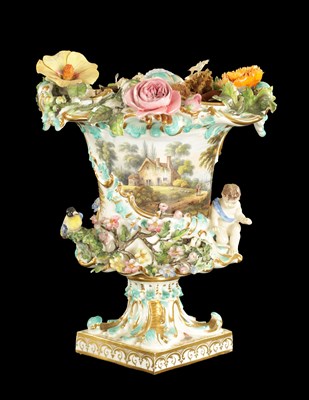 Lot 314 - A COALBROOKDALE PORCELAIN VASE ENCRUSTED WITH FLOWERS AND BIRDS WITH RURAL LANDSCAPES