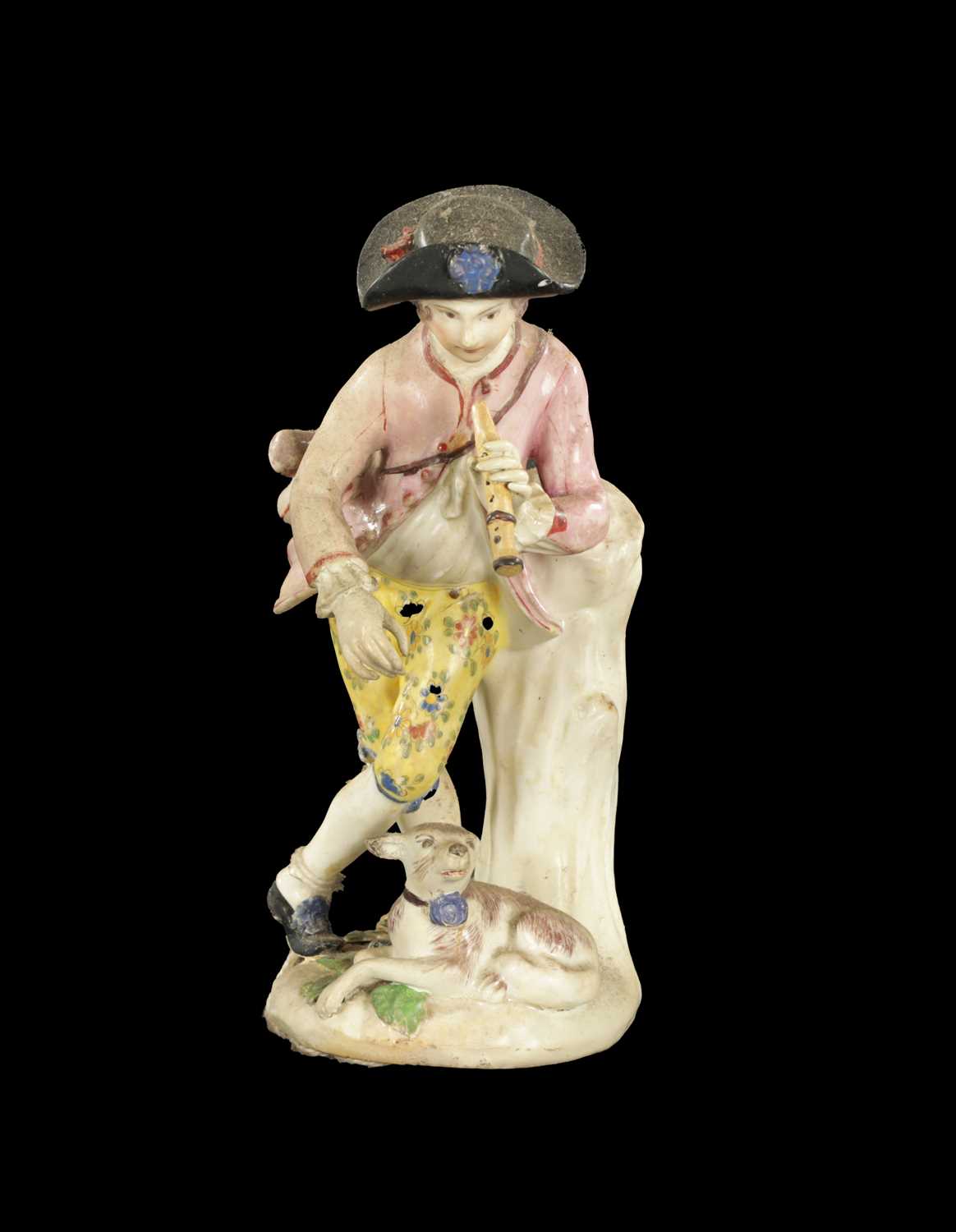 Lot 315 - A MID 18TH CENTURY BOW PORCELAIN PIPING SHEPHERD AND DOG