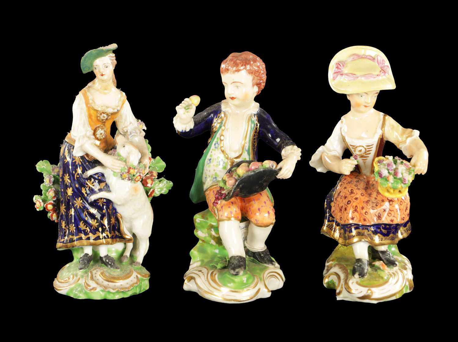 Lot 151 - A MID 19TH CENTURY PAIR OF BLOOR DERBY PORCELAIN FIGURES OF THE SEASONS AND A DERBY PORCELAIN FIGURE OF A GIRL WITH LAMB