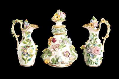 Lot 367 - THREE MID 19TH CENTURY MINTON PORCELAIN FLORAL ENCRUSTED SCENT BOTTLES