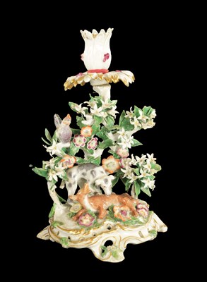 Lot 132 - A MID 18TH CENTURY CHELSEA PORCELAIN AESOPS FABLES CHAMBERSTICK