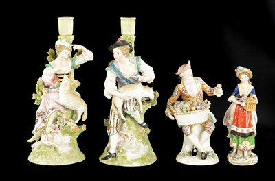 Lot 242 - A PAIR OF DRESDEN CANDLESTICKS OF A SHEPHERD AND SHEPHERDESS