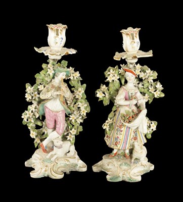 Lot 296 - A PAIR OF LATE 18TH CENTURY DERBY PORCELAIN BOCAGE CANDLESTICK FIGURES