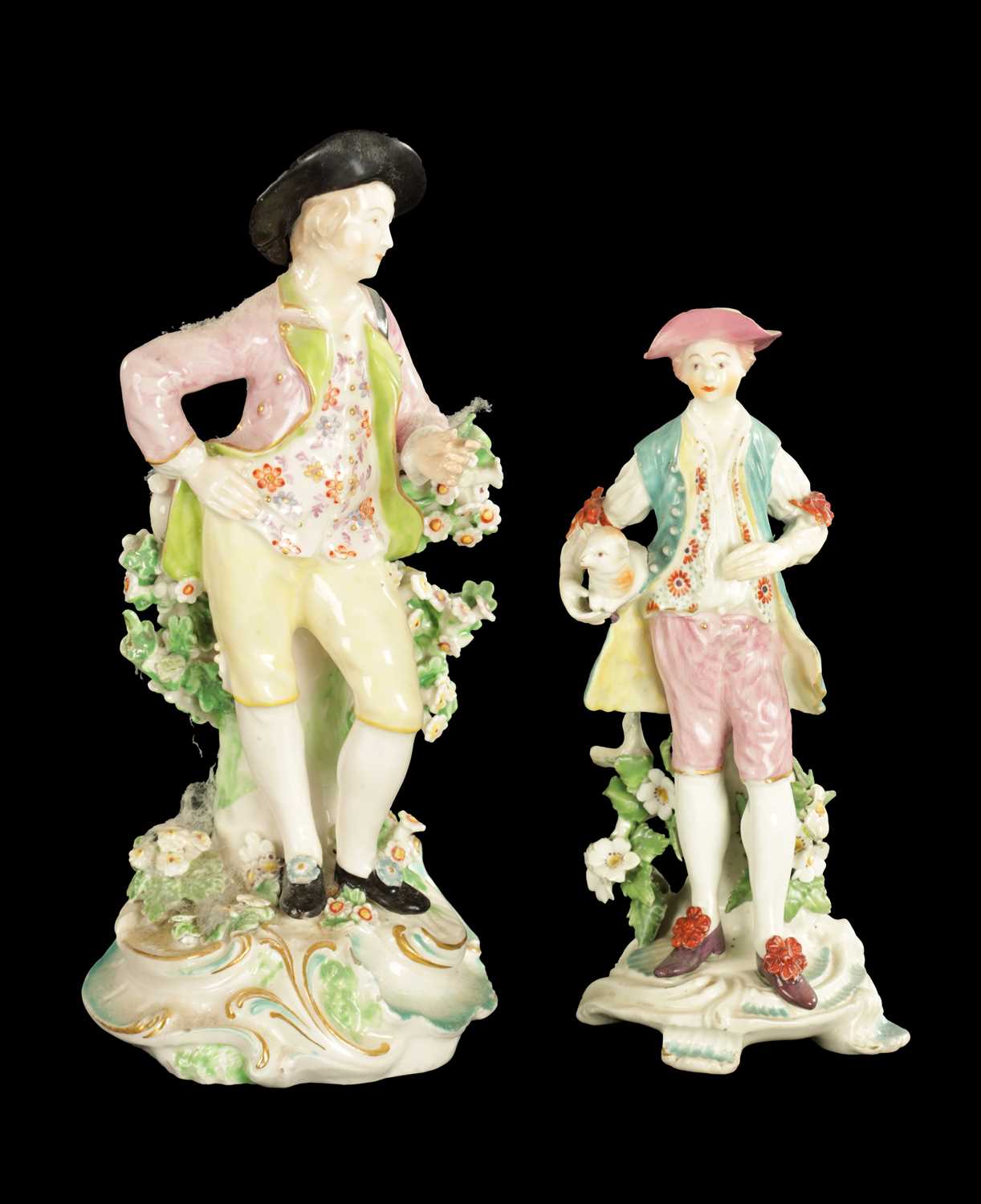 Lot 407 - A LATE 18TH CENTURY DERBY PORCELAIN FIGURE OF A FARMER WITH A LAMB TOGETHER WITH A SIMILAR FIGURE WITH A YOUNG MAN