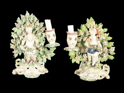 Lot 186 - A PAIR OF LATE 19TH CENTURY DERBY BOCAGE CANDLESTICK FIGURES