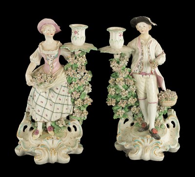 Lot 283 - A PAIR OF MID 18TH CENTURY DERBY CANDLESTICK FIGURES