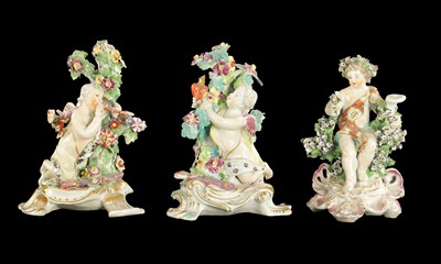 Lot 330 - TWO MID 18TH CENTURY DERBY FIGURES OF CHERUBS TOGETHER WITH A SINGLE FIGURE CHAMBERSTICK OF A CHERUB