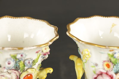 Lot 180 - A PAIR OF EARLY 19TH CENTURY SPODE SPILL VASES WITH BIRDS AND FLOWERS