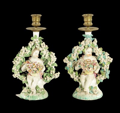 Lot 316 - A PAIR OF MID 18TH CENTURY DERBY PORCELAIN CANDLESTICKS