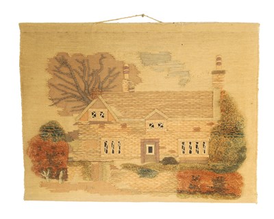 Lot 752 - A 19TH CENTURY EMBROIDERED WOOL STUMPWORK PICTURE OF A COUNTRY COTTAGE