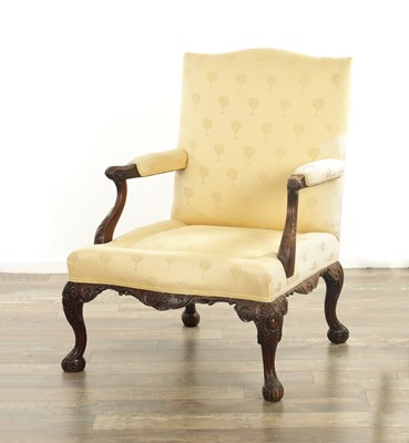 Lot 1274 - A 19TH CENTURY GEORGE II-STYLE MAHOGANY GAINSBOROUGH CHAIR OF GENEROUS SIZE