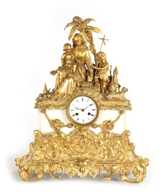 Lot 793 - A 19TH CENTURY FRENCH ORNATE GILT METAL AND WHITE MARBLE MANTEL CLOCK OF LARGE SIZE