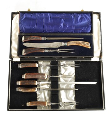 Lot 531 - TWO LATE 19TH CENTURY STAGHORN HANDLED CASED CARVING SETS