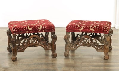 Lot 1388 - A PAIR OF 17TH CENTURY AND LATER WALNUT UPHOLSTERED STOOLS